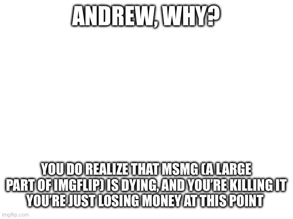 ANDREW, WHY? YOU DO REALIZE THAT MSMG (A LARGE PART OF IMGFLIP) IS DYING, AND YOU’RE KILLING IT
YOU’RE JUST LOSING MONEY AT THIS POINT | made w/ Imgflip meme maker