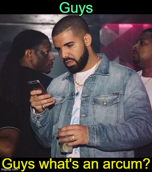 . | Guys; Guys what's an arcum? | image tagged in drake looking at phone upset | made w/ Imgflip meme maker