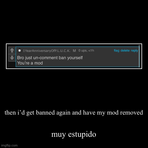 then i’d get banned again and have my mod removed | muy estupido | image tagged in funny,demotivationals | made w/ Imgflip demotivational maker