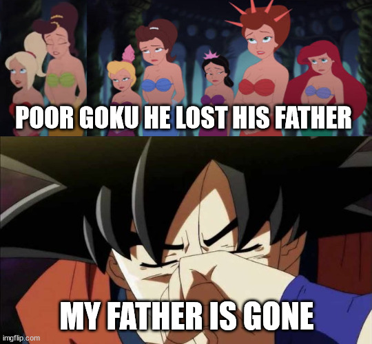 ariel and her sisters feels sad for goku | POOR GOKU HE LOST HIS FATHER; MY FATHER IS GONE | image tagged in goku crying,goku,dragon ball z,ariel,sisters,sadness | made w/ Imgflip meme maker