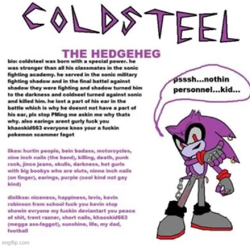 Coldsteel the Hedgeheg + Bio | image tagged in coldsteel the hedgeheg bio | made w/ Imgflip meme maker