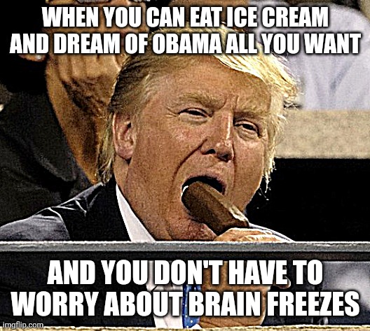 Trump Sucking | WHEN YOU CAN EAT ICE CREAM AND DREAM OF OBAMA ALL YOU WANT; AND YOU DON'T HAVE TO WORRY ABOUT BRAIN FREEZES | image tagged in trump sucking | made w/ Imgflip meme maker