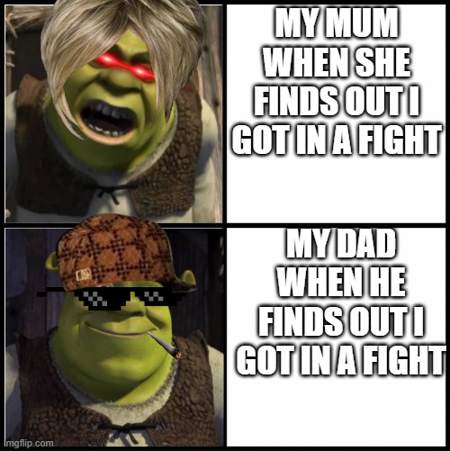 Mums and dads | MY MUM WHEN SHE FINDS OUT I GOT IN A FIGHT; MY DAD WHEN HE FINDS OUT I GOT IN A FIGHT | image tagged in goofy ahh | made w/ Imgflip meme maker