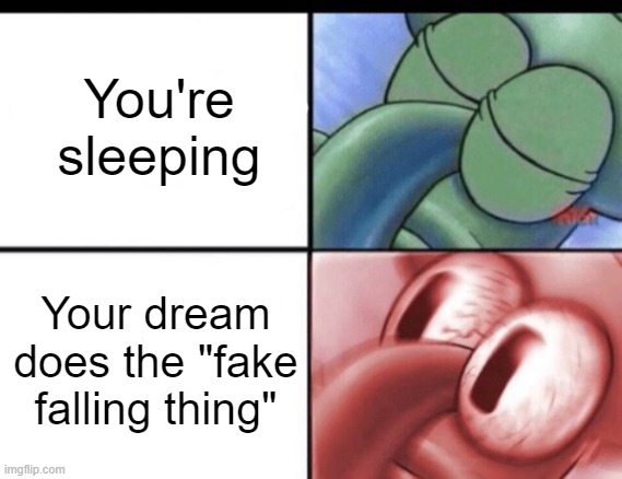 This always happens when you have a good day to even out your life, prove me wrong. | You're sleeping; Your dream does the "fake falling thing" | image tagged in squidward sleeping,sleep,gfghmfvdnbfcjcmndvgjcmfh fhmfnhc f,im making this at 12 25 am because this just happend | made w/ Imgflip meme maker