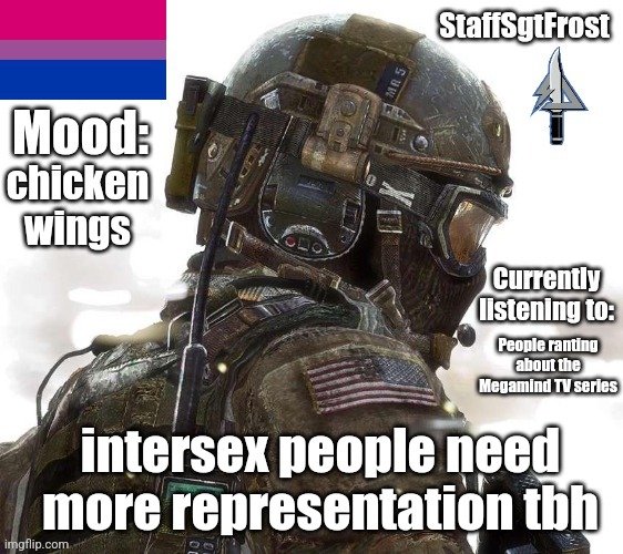 I'm not intersex, but I heard intersex people face insane amounts of oppression | chicken wings; People ranting about the Megamind TV series; intersex people need more representation tbh | image tagged in staffsgtfrost announcement template | made w/ Imgflip meme maker