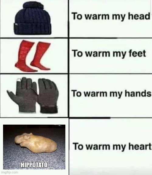 Hippotato is heartwarming | image tagged in to warm my heart,hippotato,hippo,potato | made w/ Imgflip meme maker