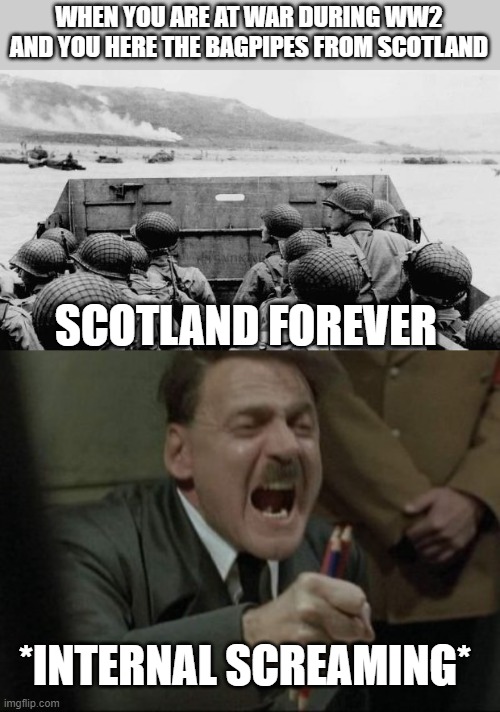 WHEN YOU ARE AT WAR DURING WW2 AND YOU HERE THE BAGPIPES FROM SCOTLAND; SCOTLAND FOREVER; *INTERNAL SCREAMING* | image tagged in ww2,hitler downfall | made w/ Imgflip meme maker