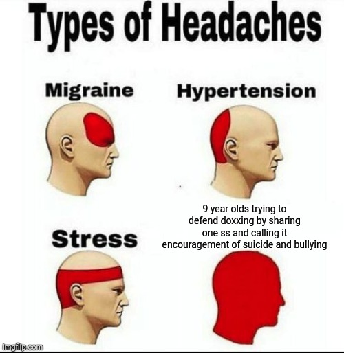 Like, God, stop | 9 year olds trying to defend doxxing by sharing one ss and calling it encouragement of suicide and bullying | image tagged in types of headaches meme | made w/ Imgflip meme maker