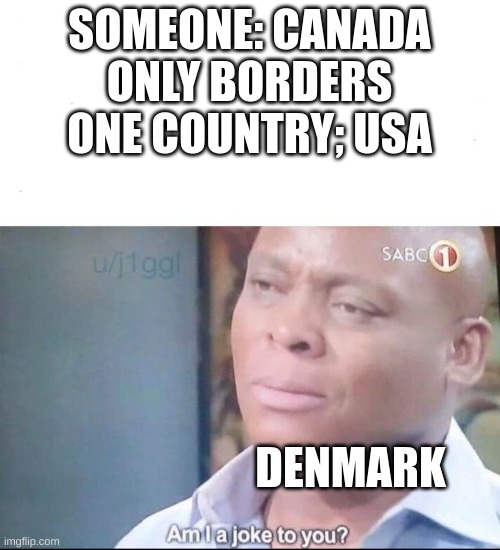 am I a joke to you | SOMEONE: CANADA ONLY BORDERS ONE COUNTRY; USA; DENMARK | image tagged in am i a joke to you | made w/ Imgflip meme maker