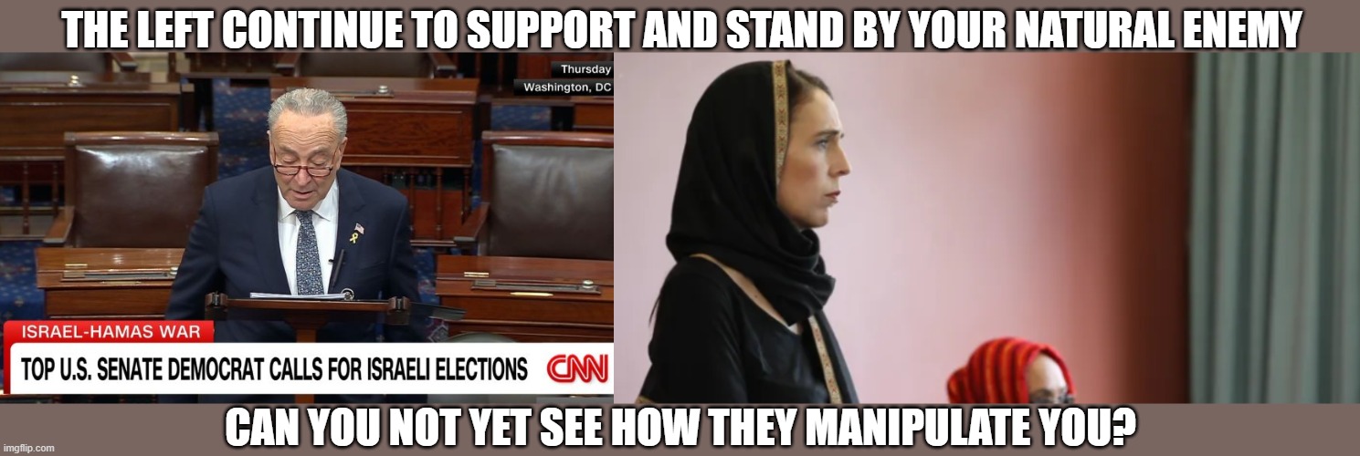 The Left USA & NZ | THE LEFT CONTINUE TO SUPPORT AND STAND BY YOUR NATURAL ENEMY; CAN YOU NOT YET SEE HOW THEY MANIPULATE YOU? | image tagged in chuck schumer,jacinda ardern,turncoats,benedict arnolds | made w/ Imgflip meme maker