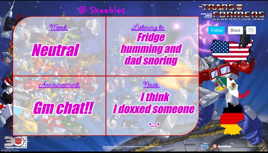 Skeebles announcement temp. | Fridge humming and dad snoring; Neutral; I think I doxxed someone 
._. Gm chat!! | image tagged in skeebles announcement temp | made w/ Imgflip meme maker