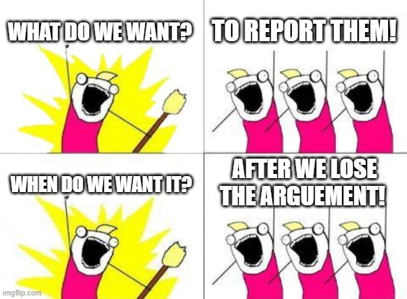 Every Person Arguing online Ever | WHAT DO WE WANT? TO REPORT THEM! AFTER WE LOSE THE ARGUEMENT! WHEN DO WE WANT IT? | image tagged in memes,what do we want | made w/ Imgflip meme maker