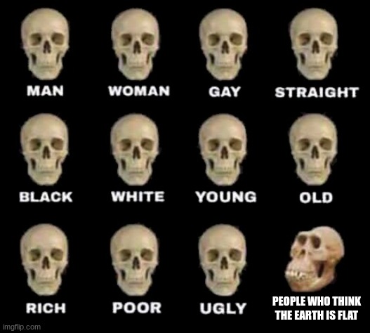 man woman gay straight skull | PEOPLE WHO THINK THE EARTH IS FLAT | image tagged in man woman gay straight skull | made w/ Imgflip meme maker
