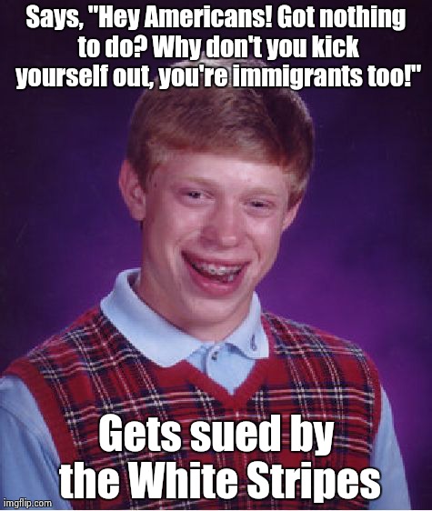 Bad Luck Brian | Says, "Hey Americans! Got nothing to do? Why don't you kick yourself out, you're immigrants too!" Gets sued by the White Stripes | image tagged in memes,bad luck brian | made w/ Imgflip meme maker