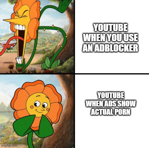Cagney Carnation Yelling | YOUTUBE WHEN YOU USE AN ADBLOCKER; YOUTUBE WHEN ADS SHOW ACTUAL P0RN | image tagged in cagney carnation yelling | made w/ Imgflip meme maker