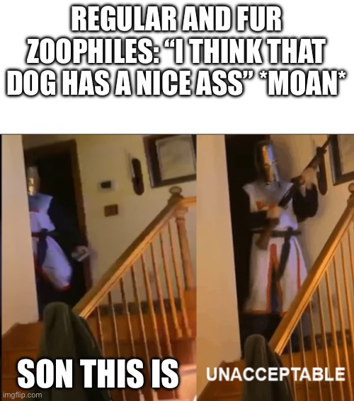 Unacceptable (mod note: what the hell?) | REGULAR AND FUR ZOOPHILES: “I THINK THAT DOG HAS A NICE ASS” *MOAN*; SON THIS IS | image tagged in unacceptable,mods | made w/ Imgflip meme maker