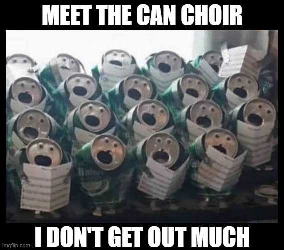 MEET THE CAN CHOIR; I DON'T GET OUT MUCH | image tagged in beer,choir,hobbies,hold my beer,the most,craft beer | made w/ Imgflip meme maker