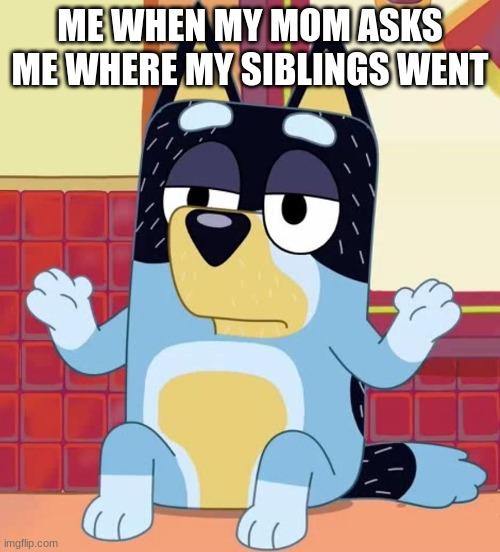 this is my honest reaction | ME WHEN MY MOM ASKS ME WHERE MY SIBLINGS WENT | image tagged in bluey bandit too tired to care | made w/ Imgflip meme maker