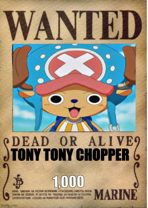 WHY IS DIS CUTE THING WANTEDDDDD | TONY TONY CHOPPER; 1,000 | image tagged in one piece wanted poster template | made w/ Imgflip meme maker