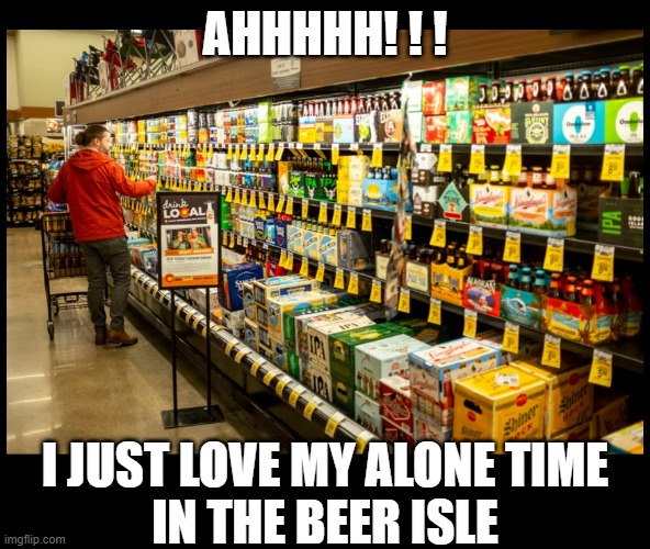 It's nice to get away | AHHHHH! ! ! I JUST LOVE MY ALONE TIME
IN THE BEER ISLE | image tagged in beer,cold beer here,hold my beer,craft beer,beer goggles,the most interesting man in the world | made w/ Imgflip meme maker