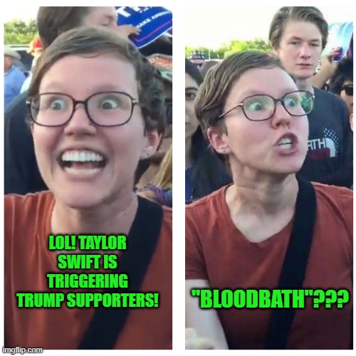The Meme that Keeps on Giving | "BLOODBATH"??? LOL! TAYLOR SWIFT IS TRIGGERING TRUMP SUPPORTERS! | image tagged in sjw happy angry trigger | made w/ Imgflip meme maker