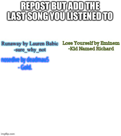 nosedive by deadmau5
- Gold. | made w/ Imgflip meme maker