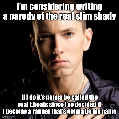 And before you ask, yes I can rap. One of these days I hope to become the fastest female rapper. | I’m considering writing a parody of the real slim shady; If I do it’s gonna be called the real t.beats since I’ve decided if I become a rapper that’s gonna be my name | image tagged in memes,eminem | made w/ Imgflip meme maker