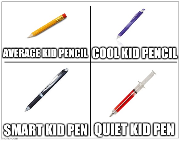 4 Square Grid | AVERAGE KID PENCIL; COOL KID PENCIL; QUIET KID PEN; SMART KID PEN | image tagged in 4 square grid | made w/ Imgflip meme maker