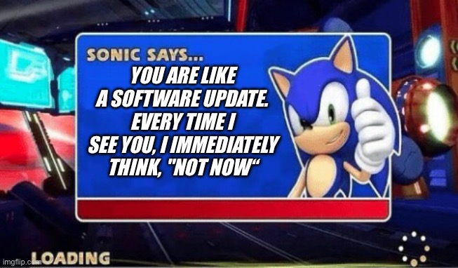Sonic Says | YOU ARE LIKE A SOFTWARE UPDATE. EVERY TIME I SEE YOU, I IMMEDIATELY THINK, "NOT NOW“ | image tagged in sonic says | made w/ Imgflip meme maker