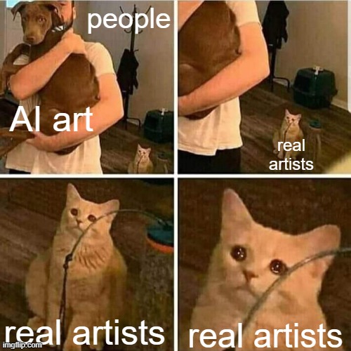 Sad Cat Holding Dog | people; AI art; real artists; real artists; real artists | made w/ Imgflip meme maker