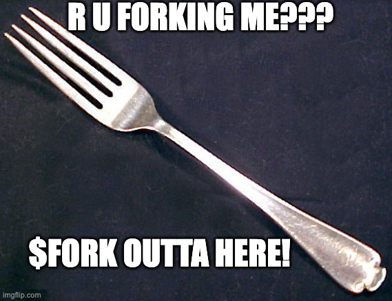 fork | R U FORKING ME??? $FORK OUTTA HERE! | image tagged in fork | made w/ Imgflip meme maker