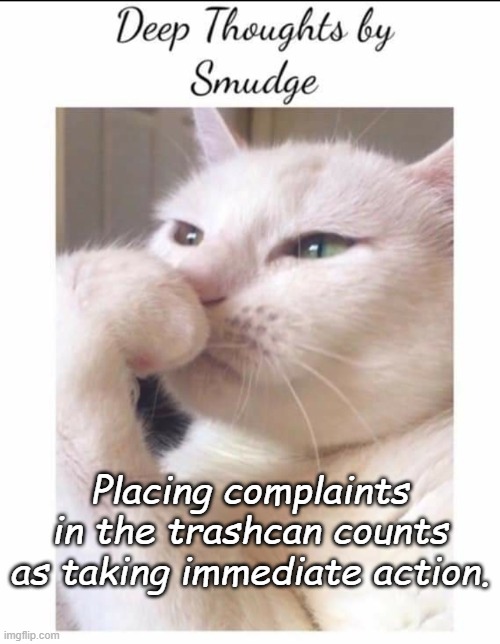 Smudge-Complaints | Placing complaints in the trashcan counts as taking immediate action. | image tagged in smudge | made w/ Imgflip meme maker
