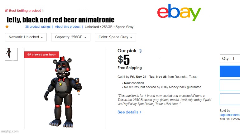 Ebay Listing | lefty, black and red bear animatronic; 5 | image tagged in ebay listing | made w/ Imgflip meme maker