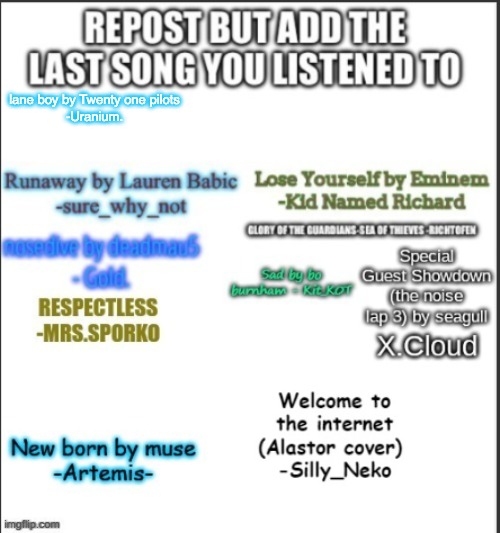 lane boy by Twenty one pilots
-Uranium. | made w/ Imgflip meme maker