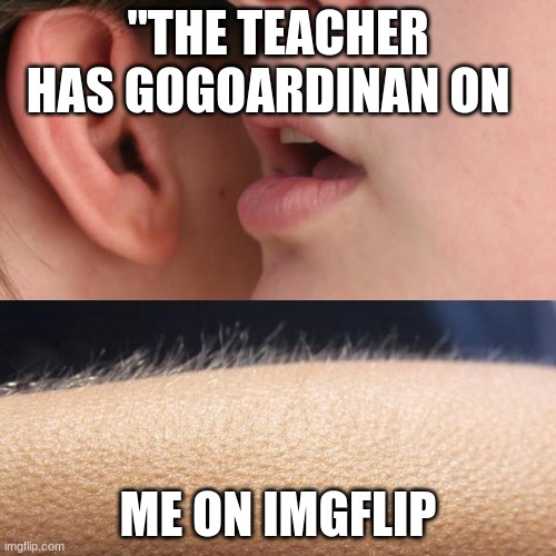 Whisper and Goosebumps | "THE TEACHER HAS GOGOARDINAN ON; ME ON IMGFLIP | image tagged in whisper and goosebumps | made w/ Imgflip meme maker