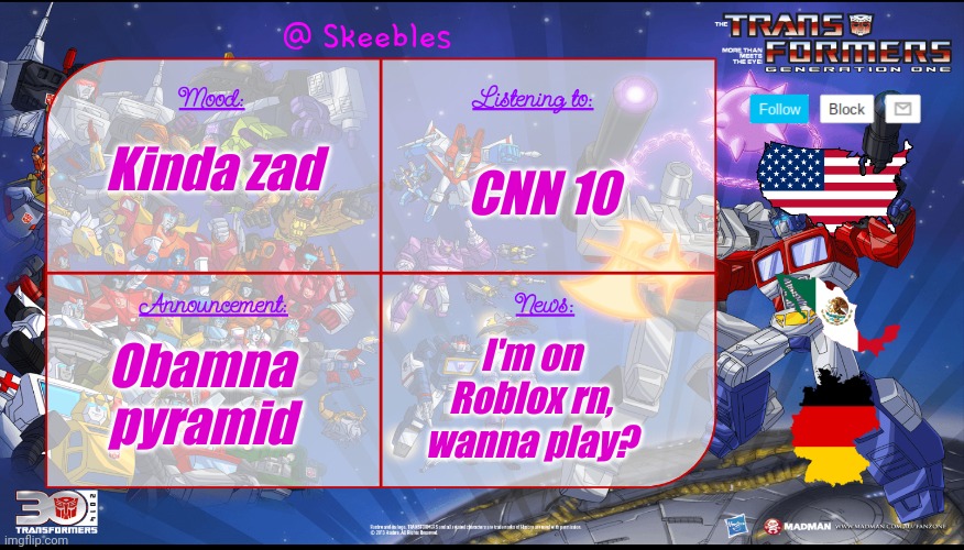 Put your username in comments and I'll friend you | CNN 10; Kinda zad; Obamna pyramid; I'm on Roblox rn, wanna play? | image tagged in skeebles announcement temp | made w/ Imgflip meme maker