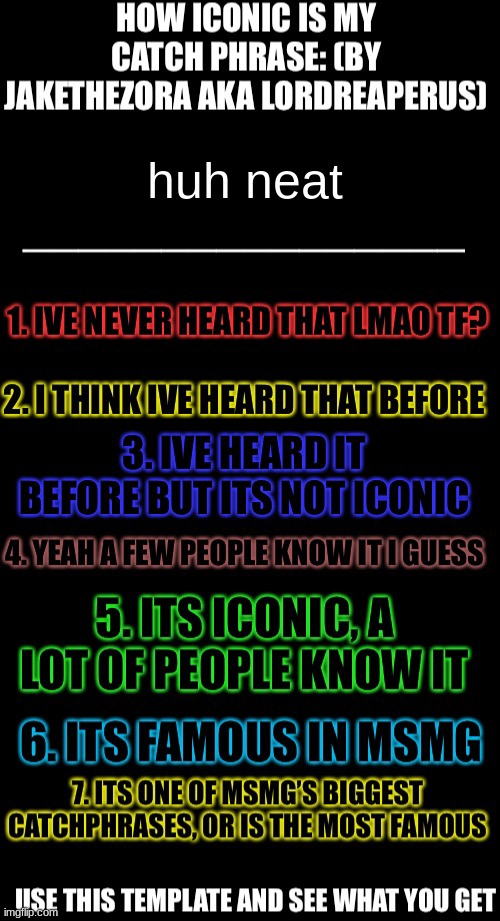 How iconic is my catchphrase | huh neat | image tagged in how iconic is my catchphrase | made w/ Imgflip meme maker