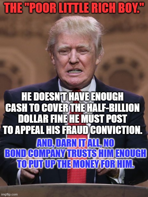 Message From Finance Industry: "Trump can't be trusted." | THE "POOR LITTLE RICH BOY."; HE DOESN'T HAVE ENOUGH CASH TO COVER THE HALF-BILLION DOLLAR FINE HE MUST POST TO APPEAL HIS FRAUD CONVICTION. AND, DARN IT ALL, NO BOND COMPANY TRUSTS HIM ENOUGH TO PUT UP THE MONEY FOR HIM. | image tagged in donald trump | made w/ Imgflip meme maker
