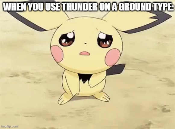 Sad pichu | WHEN YOU USE THUNDER ON A GROUND TYPE: | image tagged in sad pichu | made w/ Imgflip meme maker