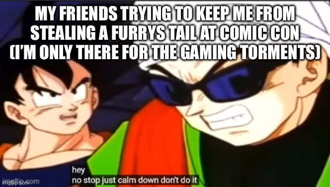 I went to comic con recently and I had to hold my urges | MY FRIENDS TRYING TO KEEP ME FROM STEALING A FURRYS TAIL AT COMIC CON (I’M ONLY THERE FOR THE GAMING TORMENTS) | image tagged in calm down dont do it | made w/ Imgflip meme maker