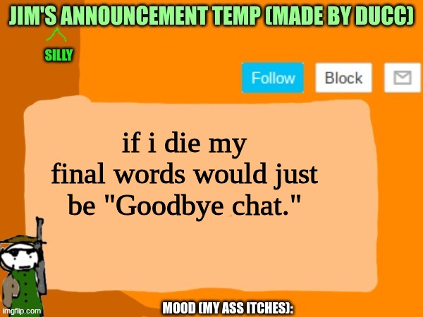 jims template | if i die my final words would just be "Goodbye chat." | image tagged in jims template | made w/ Imgflip meme maker