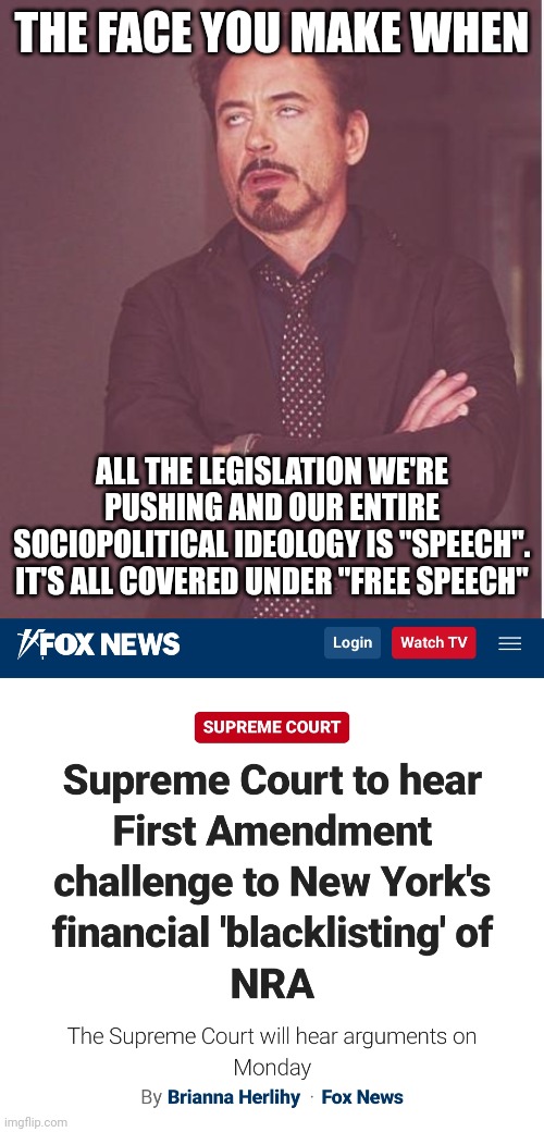 Marital grape/gay-bashing/segregation soon brought to SCOTUS on free speech grounds | THE FACE YOU MAKE WHEN; ALL THE LEGISLATION WE'RE PUSHING AND OUR ENTIRE SOCIOPOLITICAL IDEOLOGY IS "SPEECH". IT'S ALL COVERED UNDER "FREE SPEECH" | image tagged in memes,face you make robert downey jr,right wing,dark humor | made w/ Imgflip meme maker
