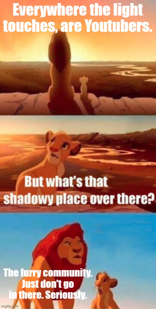 Some Youtubers are furries | Everywhere the light touches, are Youtubers. The furry community. Just don't go in there. Seriously. | image tagged in memes,simba shadowy place | made w/ Imgflip meme maker