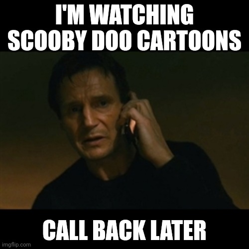 Liam Neeson Taken Meme | I'M WATCHING SCOOBY DOO CARTOONS; CALL BACK LATER | image tagged in memes,liam neeson taken | made w/ Imgflip meme maker