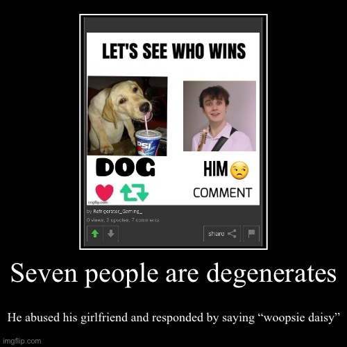 Seven people are degenerates | He abused his girlfriend and responded by saying “woopsie daisy” | image tagged in funny,demotivationals | made w/ Imgflip demotivational maker