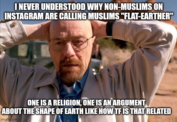 flabbergasted walt | I NEVER UNDERSTOOD WHY NON-MUSLIMS ON INSTAGRAM ARE CALLING MUSLIMS "FLAT-EARTHER"; ONE IS A RELIGION, ONE IS AN ARGUMENT ABOUT THE SHAPE OF EARTH LIKE HOW TF IS THAT RELATED | image tagged in flabbergasted walt | made w/ Imgflip meme maker