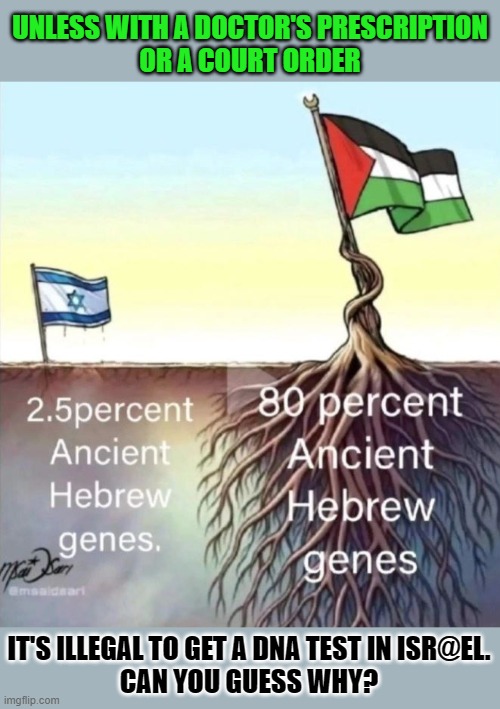DNA-testing is illegal in Isr@el. Can you guess why? | UNLESS WITH A DOCTOR'S PRESCRIPTION
OR A COURT ORDER; IT'S ILLEGAL TO GET A DNA TEST IN ISR@EL.
CAN YOU GUESS WHY? | image tagged in zionists,zionism,fake people,jewish,israel | made w/ Imgflip meme maker