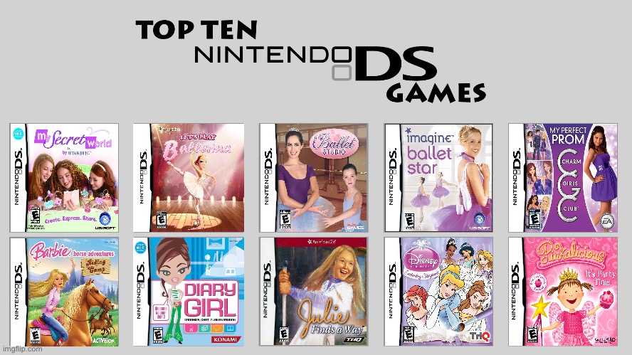 Brandon's Top 10 Nintendo DS Games for Girls | image tagged in deviantart,nintendo,video games,girls,barbie,ballerina | made w/ Imgflip meme maker