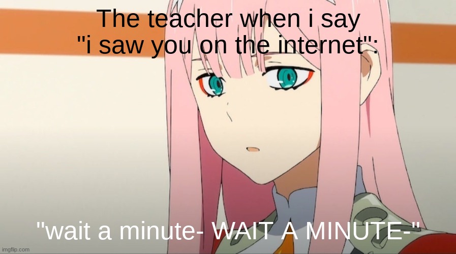 The teacher is actually crazy ;-; | The teacher when i say "i saw you on the internet":; "wait a minute- WAIT A MINUTE-" | image tagged in disturbed zero two | made w/ Imgflip meme maker
