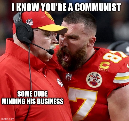history meme LOL! | I KNOW YOU'RE A COMMUNIST; SOME DUDE MINDING HIS BUSINESS | image tagged in travis kelce screaming | made w/ Imgflip meme maker